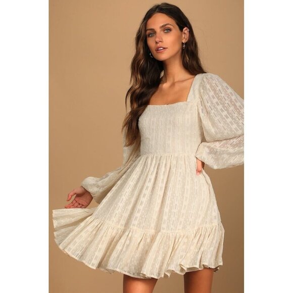 Lulus Dresses & Skirts - Lulus Only You And I Dress XS Cream Strappy Open Tie Back Metallic Boho Wedding